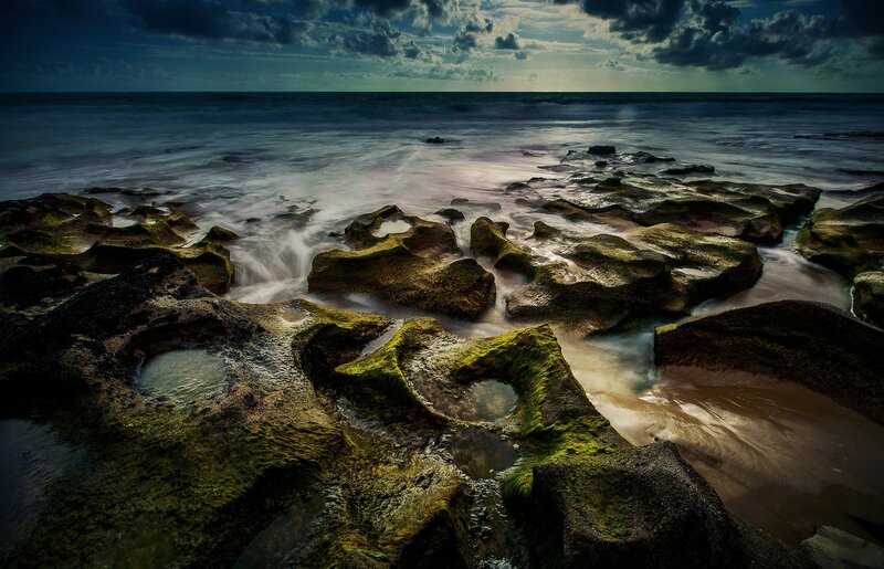 Moss-covered Rocks at Shore — Green, Dramatic, Night
