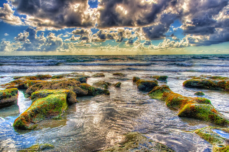 Moss-covered Rocks at Shore — Green, Dramatic, Sunset, Photograph, Ocean, Clouds