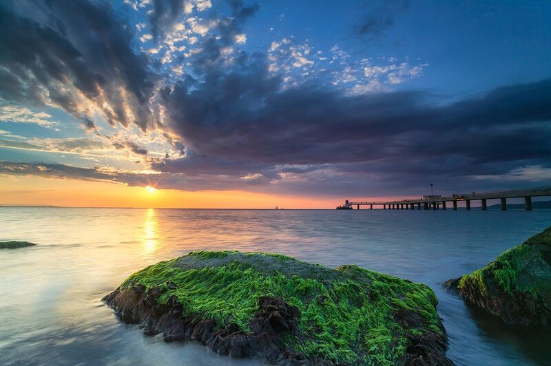Moss-covered Rocks at Sunset — Blue, Dramatic