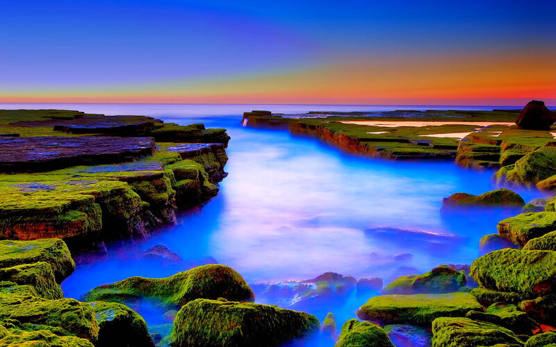Moss-covered Rocks at Sunset — Blue