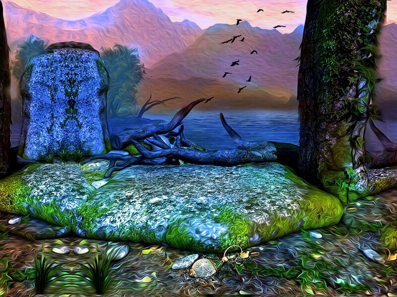 Moss-covered Rocks by Lake — Green, Serene