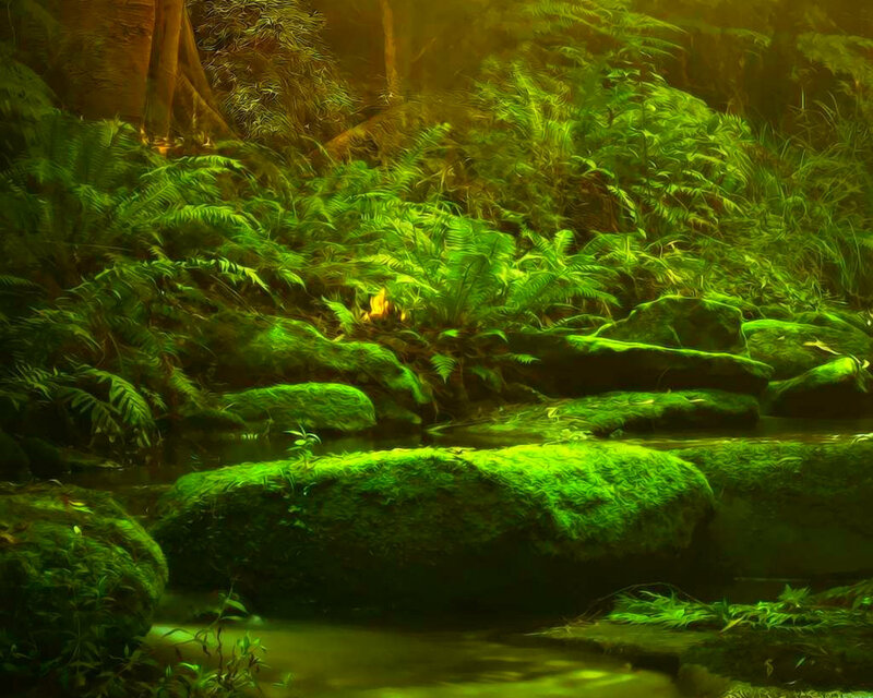 Moss-covered Rocks in Forest — Green, Serene, Digital Art