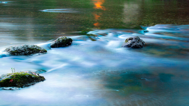 Moss-covered Rocks in Stream — Blue
