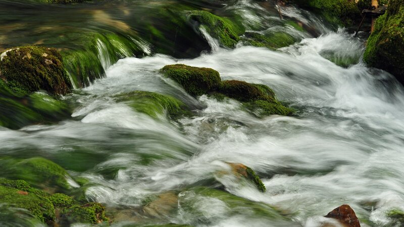 Moss-covered Rocks in Stream — Green, Dynamic, Photograph