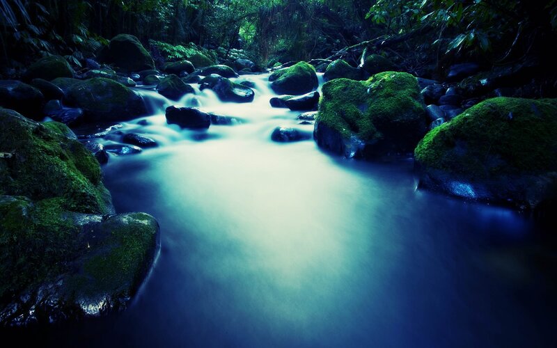 Moss-covered Rocks in Stream — Green, Serene, Night
