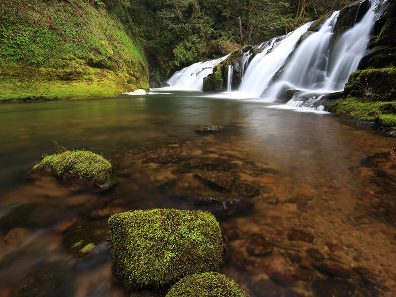 Moss-covered Rocks in Stream — Green, Serene, Photograph, Waterfall, Forest