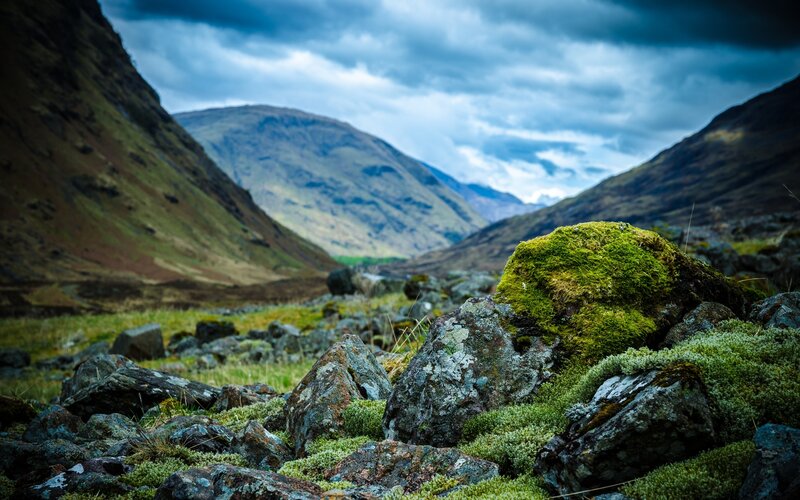 Moss-covered Rocks in Valley — Green, Dramatic, Photograph, Mountains, Clouds