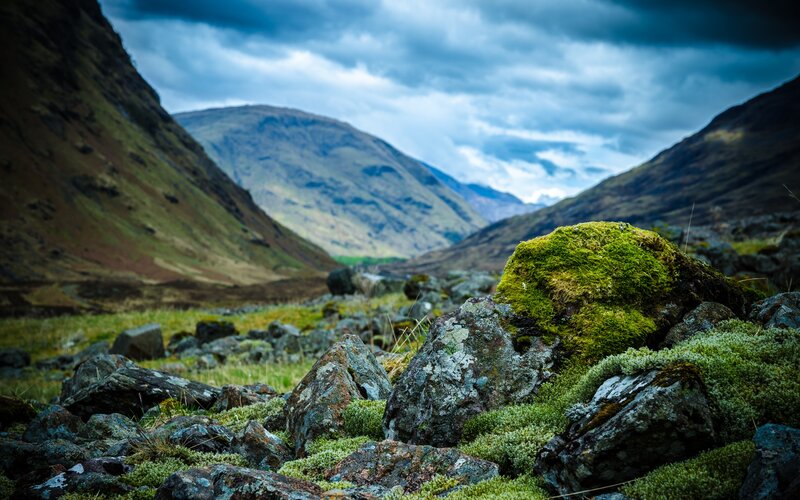 Moss-covered Rocks in Valley — Green, Dramatic, Photograph, Mountains, Sky