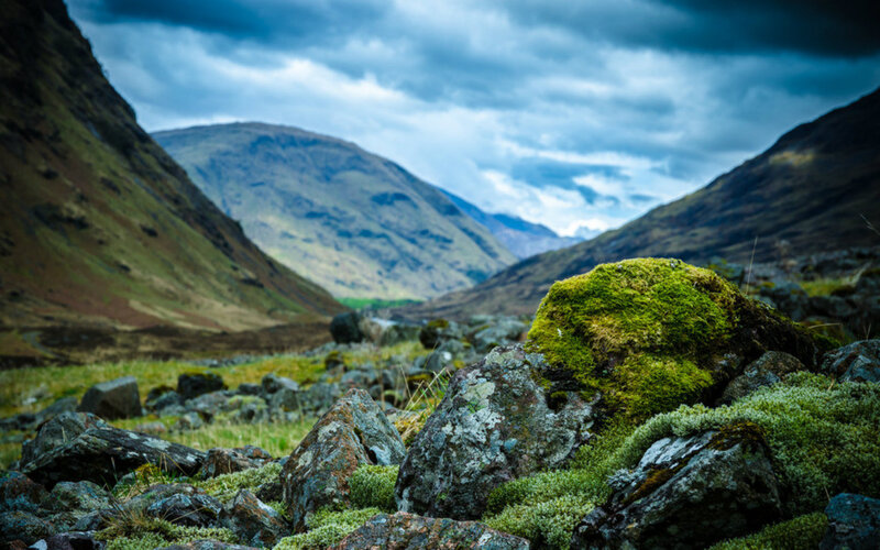 Moss-covered Rocks in Valley — Green, Dramatic, Photograph, Mountains