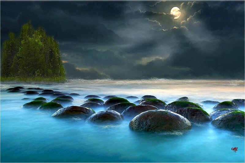 Moss-covered Rocks in Water — Blue, Dramatic