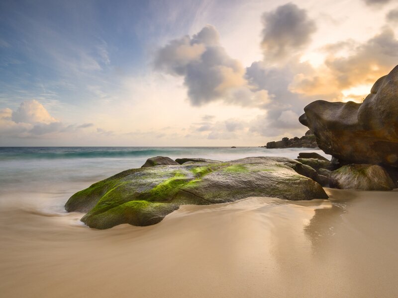 Moss-covered Rocks on Beach — Blue, Serene, Sunset