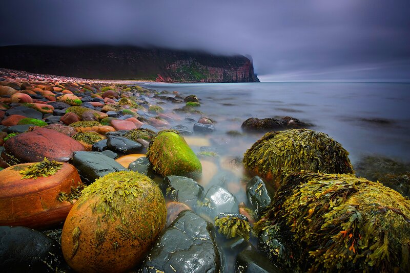 Moss-covered Rocks on Beach — Green, Dramatic, Night