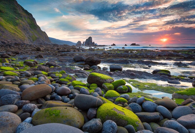 Moss-covered Rocks on Beach — Green, Serene, Sunset, Photograph, Sea, Cliff, Blue