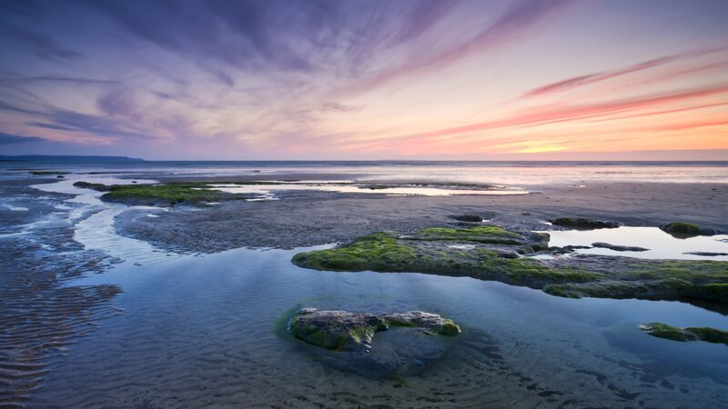 Moss-covered Rocks on Beach — Purple, Serene, Sunset, Photograph, Sand, Water