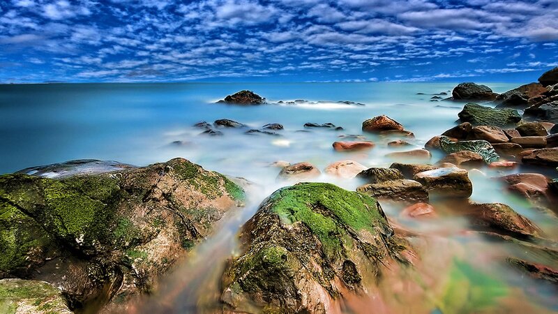 Moss-covered Rocks on Shore — Blue