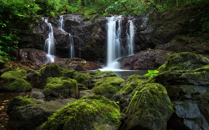 Moss-covered Rocks Waterfall — Green, Serene, Afternoon