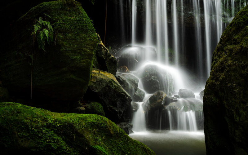 Moss-covered Rocks Waterfall — Green, Serene, Photograph, Moss