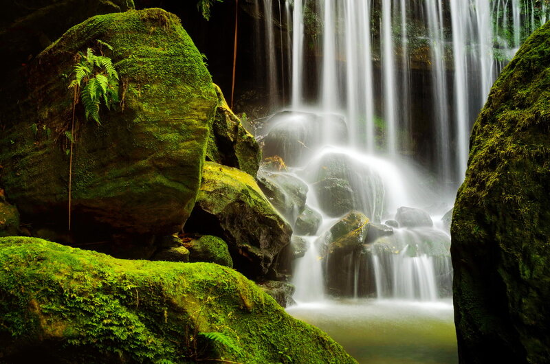 Moss-covered Rocks Waterfall — Green, Serene, Photograph