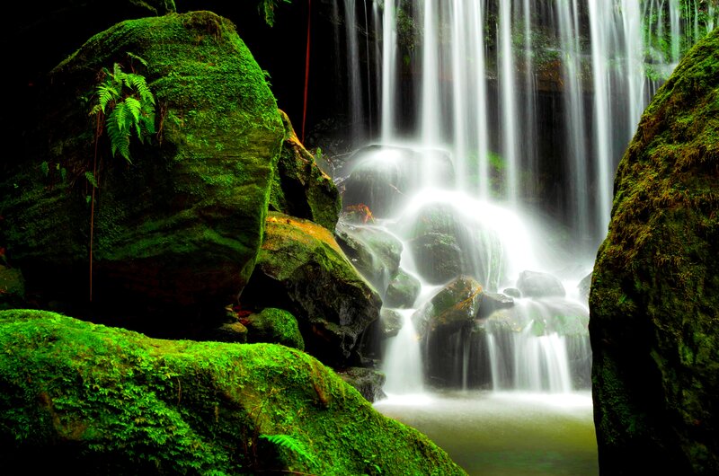 Moss-covered Rocks Waterfall — Green, Serene