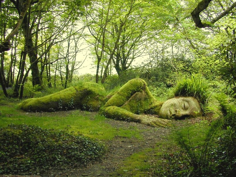 Moss-covered sculpture in forest