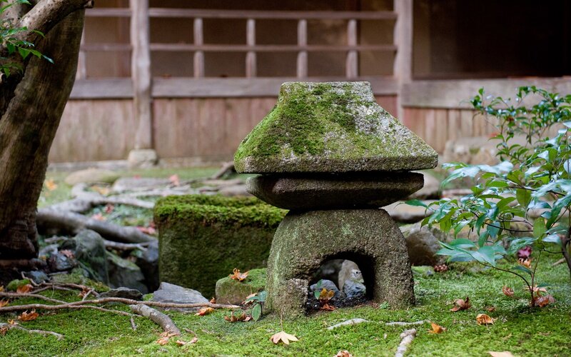 Moss-covered stone lantern in garden