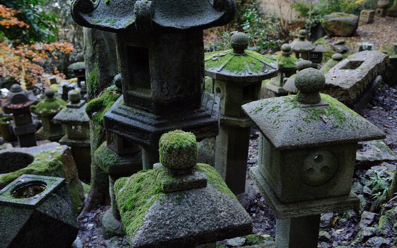 Moss-covered Stone Lanterns — Green, Serene