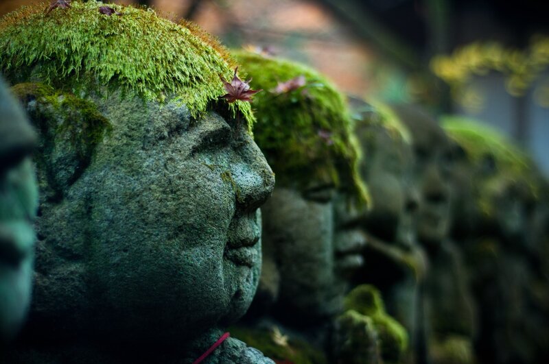Moss-covered Stone Statues — Green