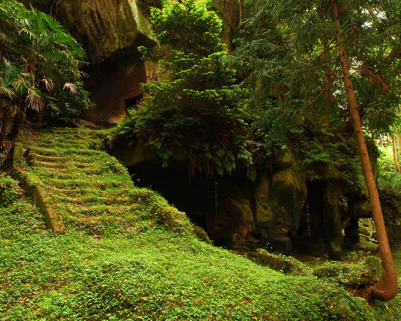 Moss-covered Stone Steps — Green, Serene, Afternoon, Photograph, Cave Entrance