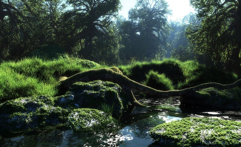 Moss-covered Stream in Forest — Green, Serene, Morning, 3d Render