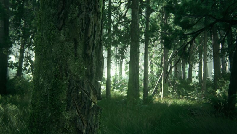 Moss-covered Tree Trunk — Green, Serene, Morning, 3d Render
