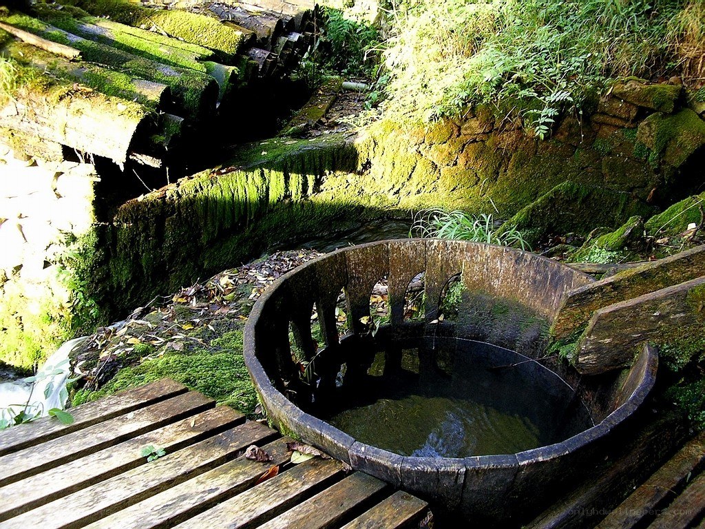 Moss-covered water wheel structure