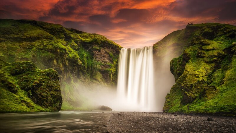 Moss-covered Waterfall — Green, Dramatic, Sunset