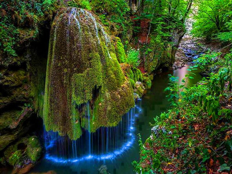 Moss-covered Waterfall — Green, Serene, Afternoon, Photograph, Stream, Forest
