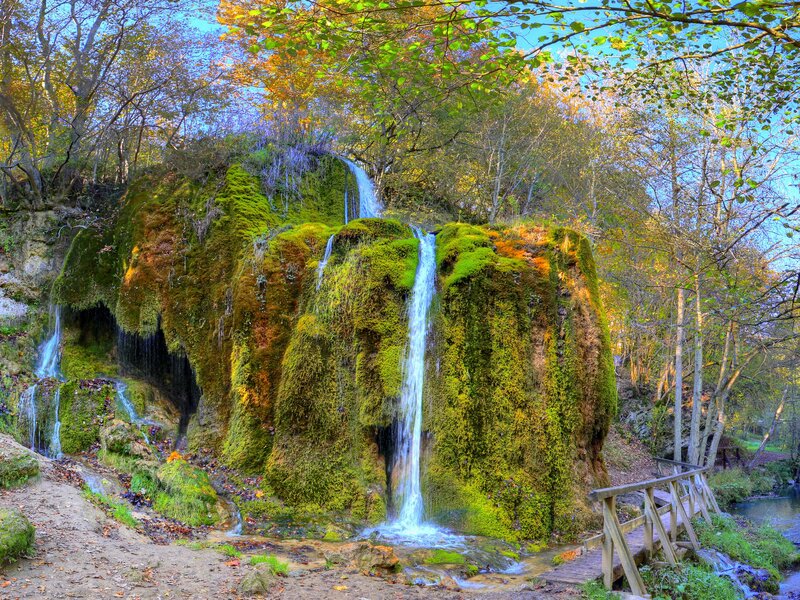 Moss-covered Waterfall — Green, Serene, Autumn, Photograph, Trees, Wooden Bridge, River