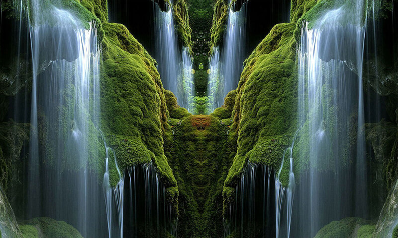 Moss-covered Waterfall — Green, Serene, Digital Art