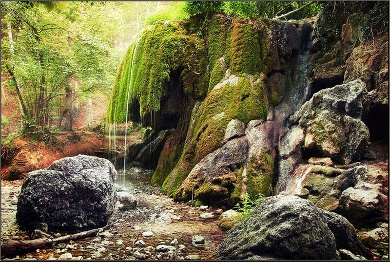 Moss-covered Waterfall — Green, Serene, Morning, Photograph, Forest, Rocks