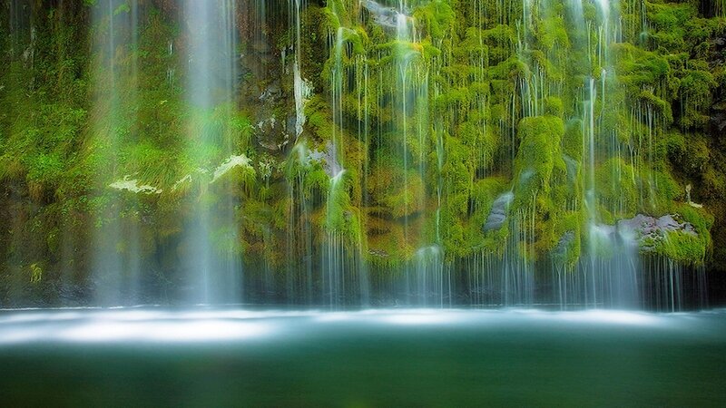 Moss-covered Waterfall — Green, Serene, Photograph, Moss, Rock, Pool, Blue, White