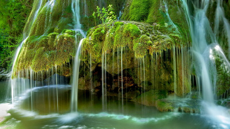 Moss-covered Waterfall — Green, Serene, Photograph, Moss, Rock, Pool