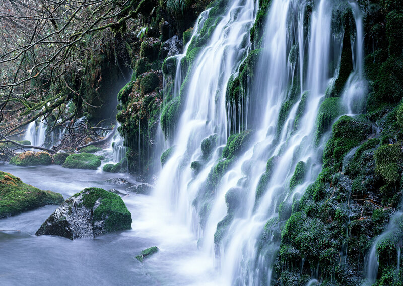 Moss-covered Waterfall — Green, Serene, Photograph, Moss, Rocks, Trees, Stream