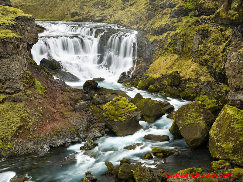 Moss-covered Waterfall — Green, Serene, Photograph, River, Rocks, Moss, White