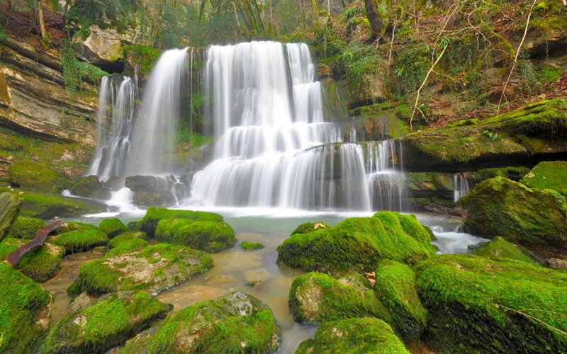 Moss-covered Waterfall — Green, Serene, Photograph, Rocks, Forest