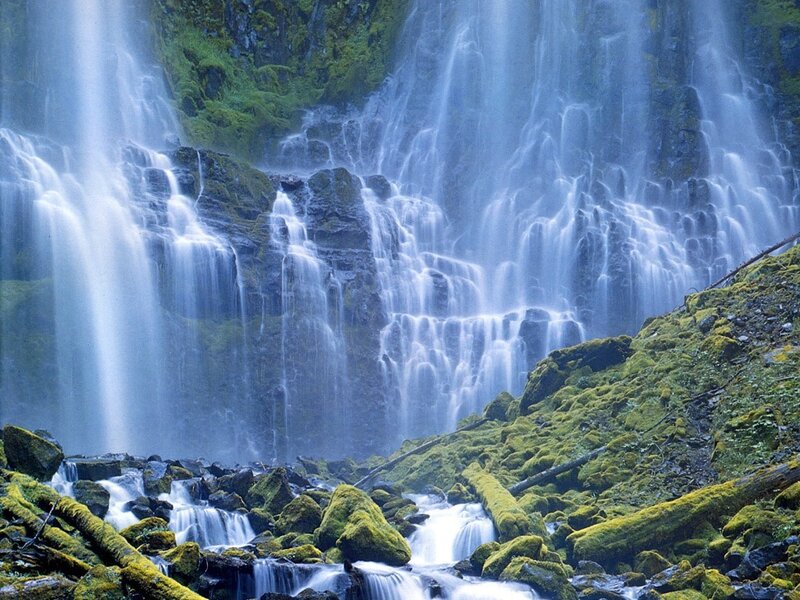 Moss-covered Waterfall — Green, Serene, Photograph, Rocks, Moss, Blue, Gray