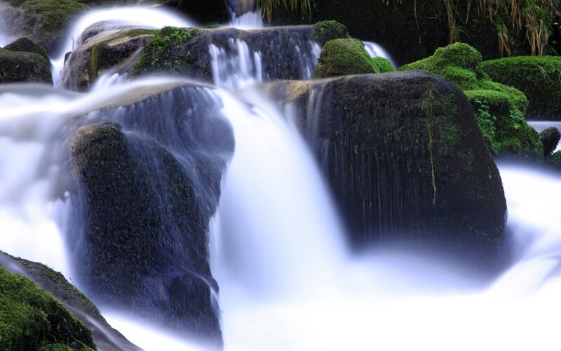 Moss-covered Waterfall — Green, Serene, Photograph, Rocks, Moss, Stream, White