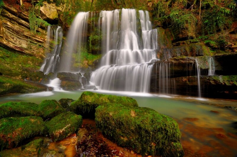 Moss-covered Waterfall — Green, Serene, Photograph, Rocks, Pool