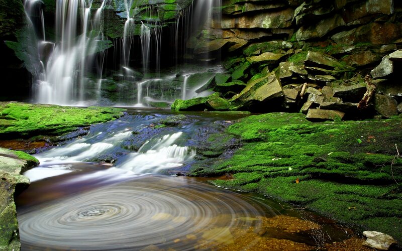 Moss-covered Waterfall — Green, Serene, Photograph, Rocks, Stream, Moss