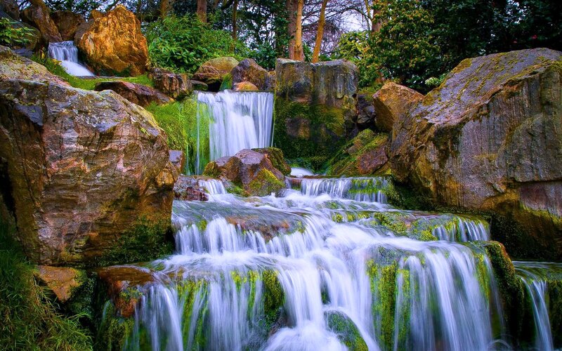 Moss-covered Waterfall — Green, Serene, Photograph, Rocks, Trees, Stream