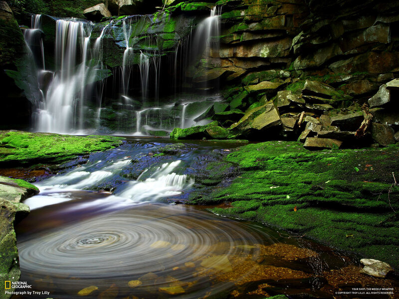 Moss-covered Waterfall — Green, Serene, Photograph, Stream, Rocks
