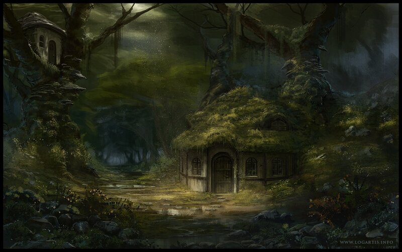 Mossy cottage in a dark forest