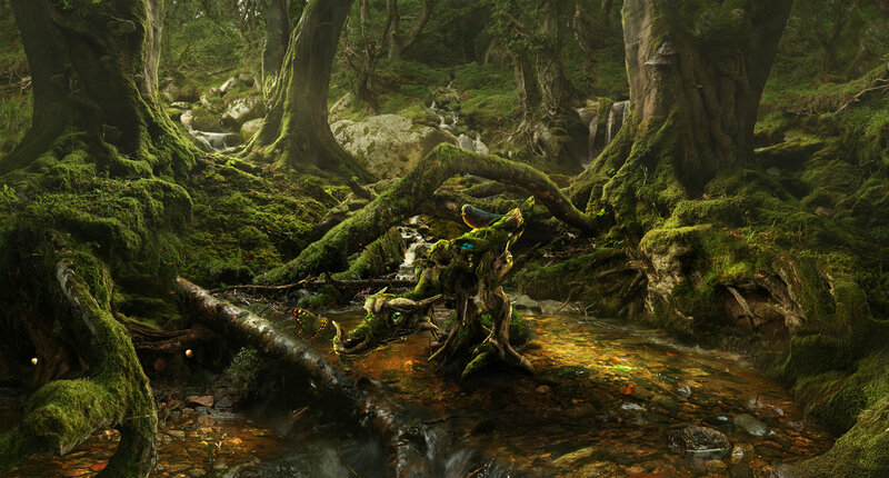 Mossy forest stream with dragon statue