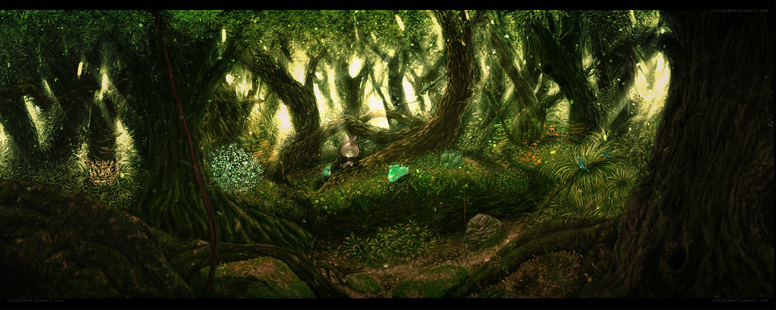 mossy forest with glowing light
